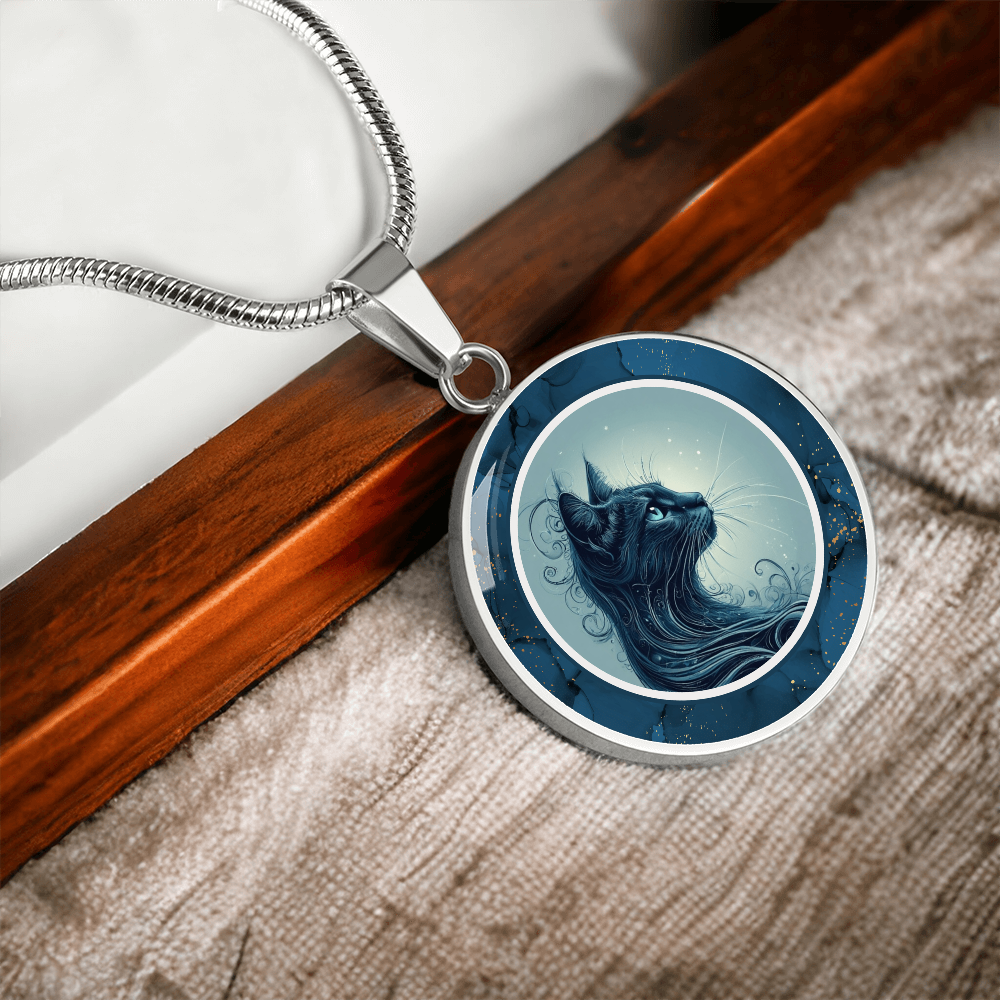 Blue Cat with Gold Accents Pendant Necklace