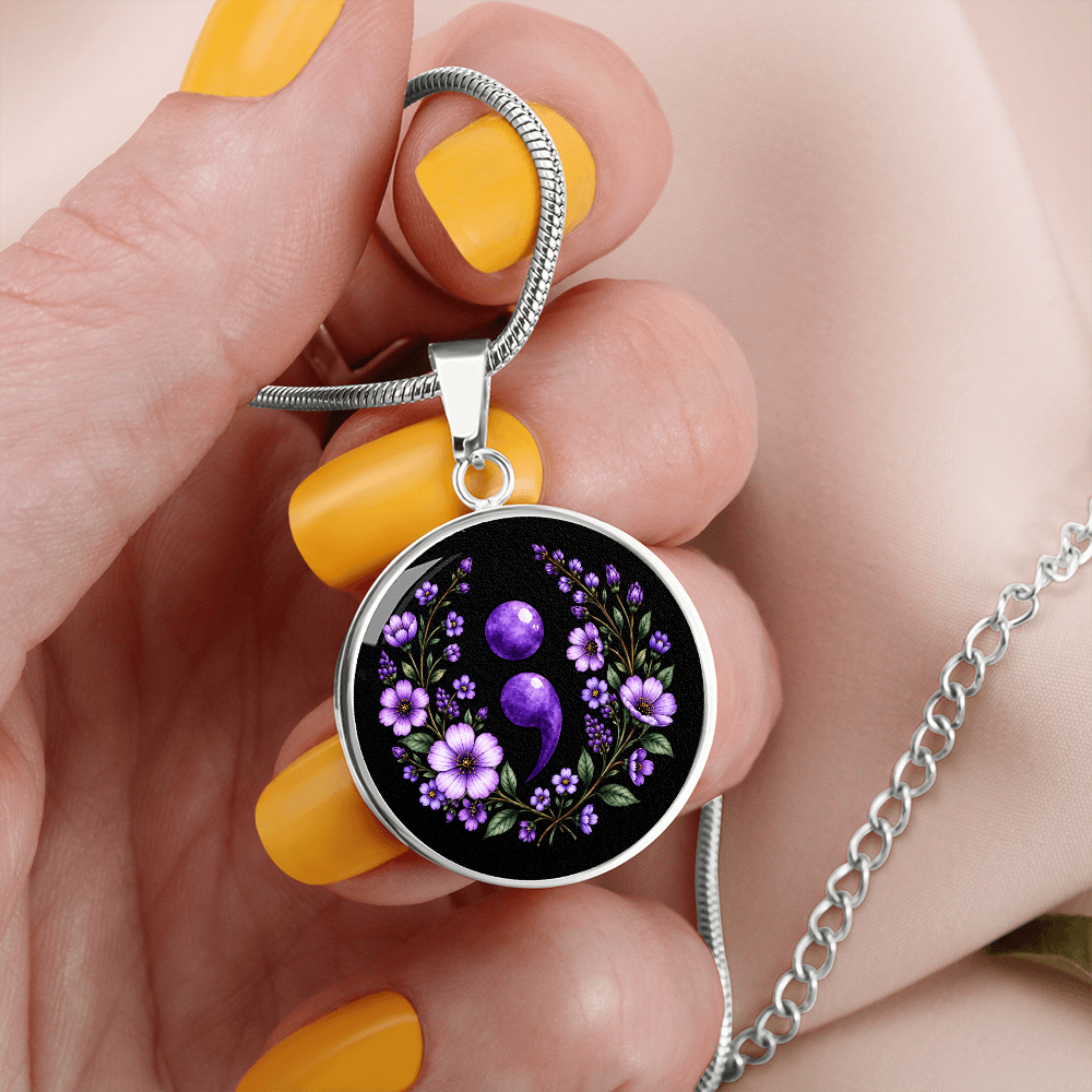 Purple Semicolon Wildflower Pendant Necklace | Suicide Awareness & Prevention Jewelry
