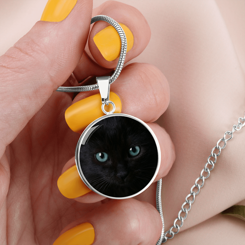 Black Cat Blue Eyes Circle Pendant Necklace