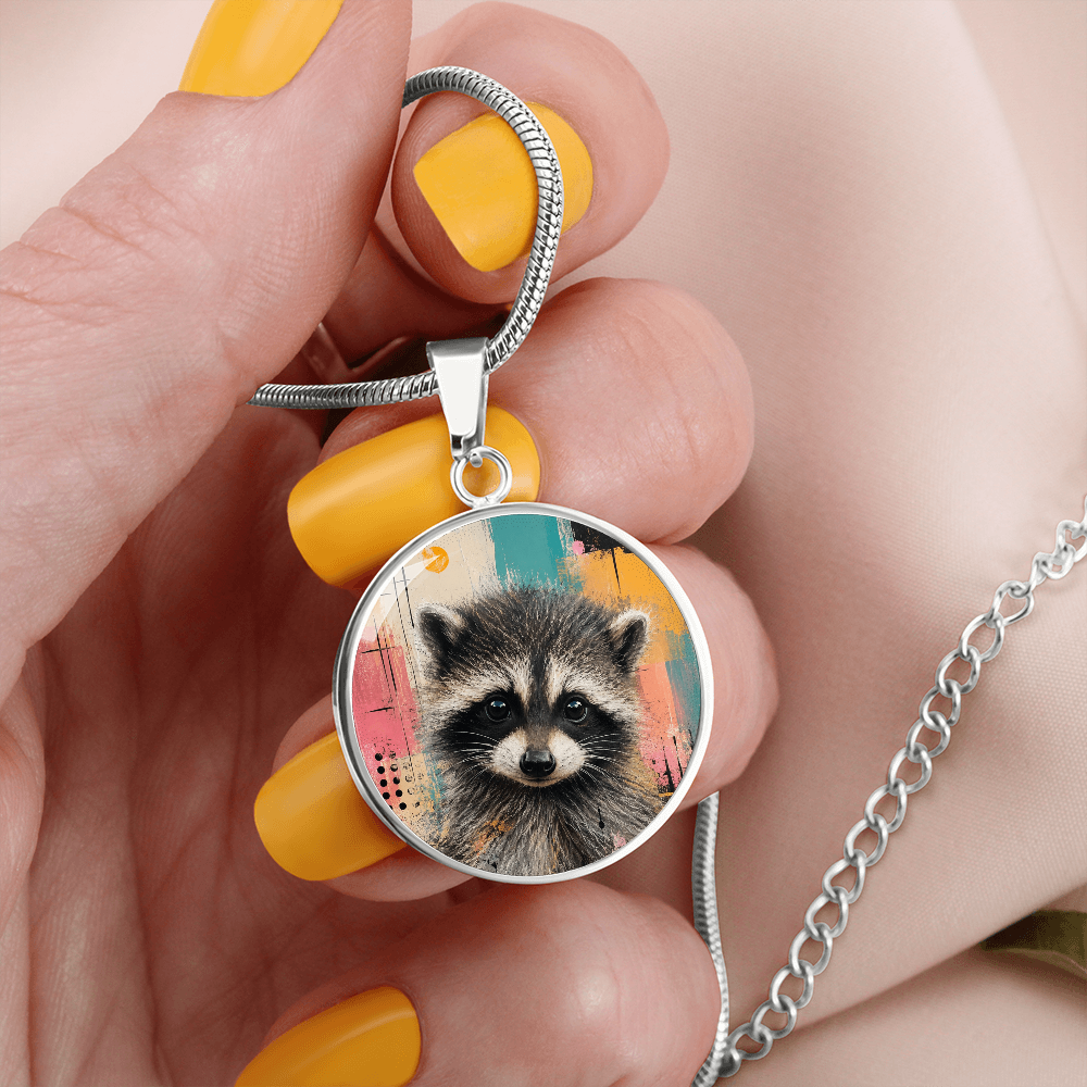 Jimothy Watercolor Raccoon Necklace: Whimsical Circle Pendant