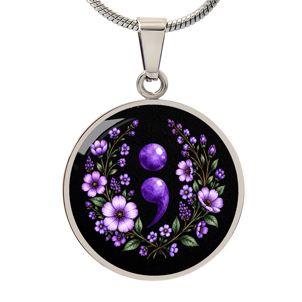 Purple Semicolon Wildflower Pendant Necklace | Suicide Awareness & Prevention Jewelry