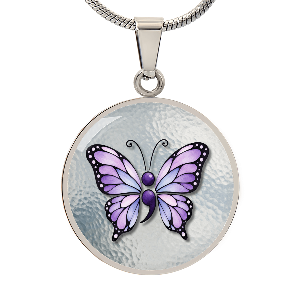 Purple Semicolon Butterfly Pendant Necklace | Epilepsy & Mental Health Awareness Jewelry