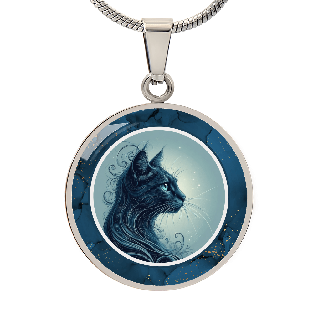 Blue Cat with Gold Accents Pendant Necklace