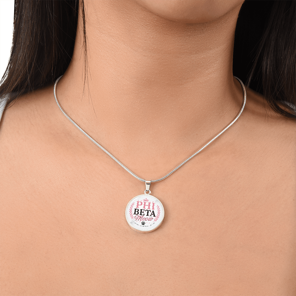 Phi Beta Meow Cat Lover Circle Pendant Necklace