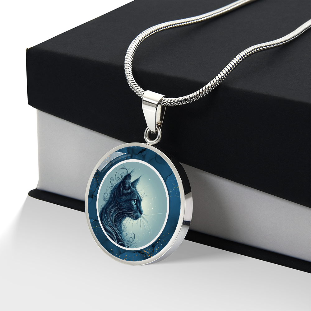 Blue Cat with Gold Accents Pendant Necklace