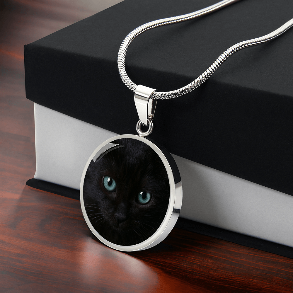 Black Cat Blue Eyes Circle Pendant Necklace