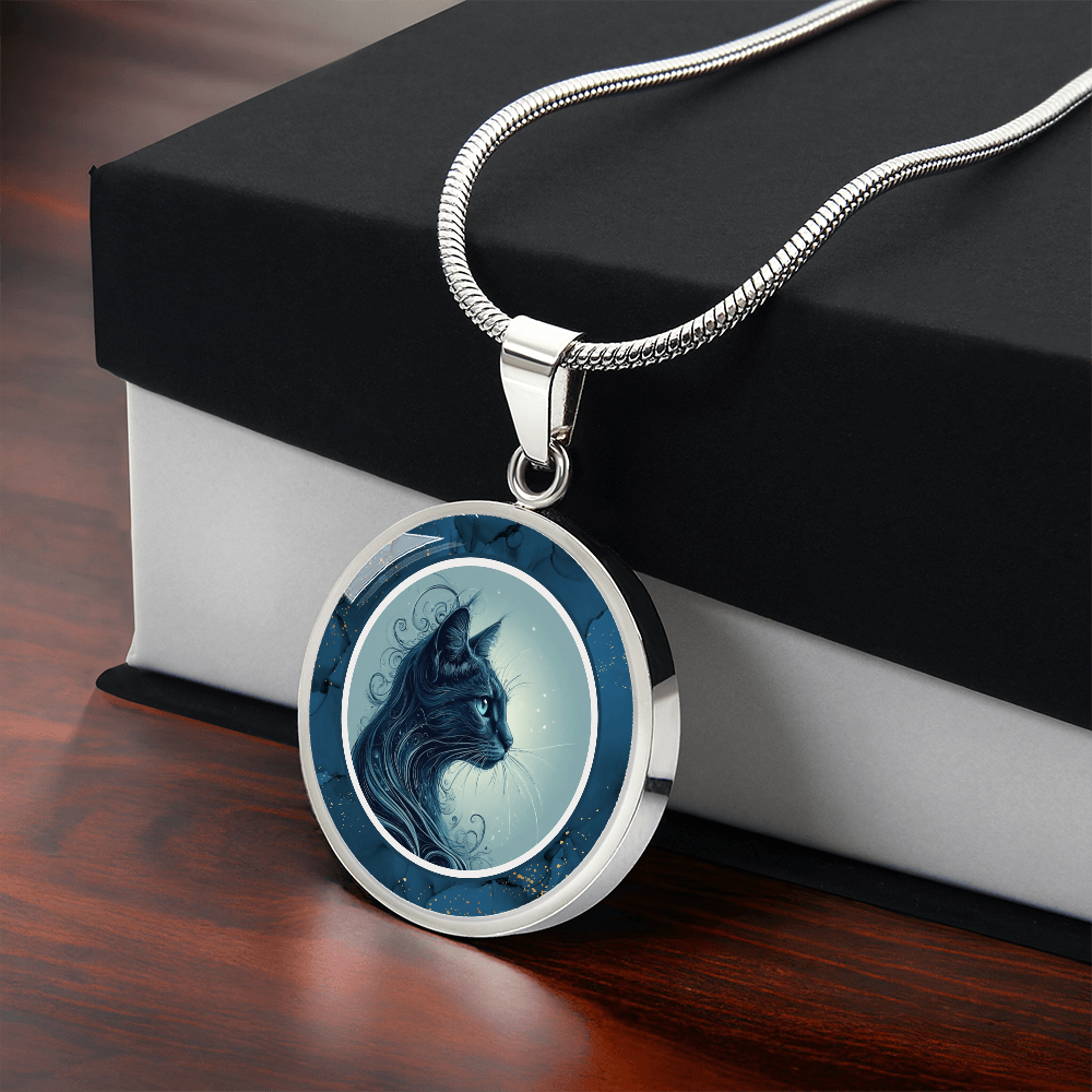 Blue Cat with Gold Accents Pendant Necklace