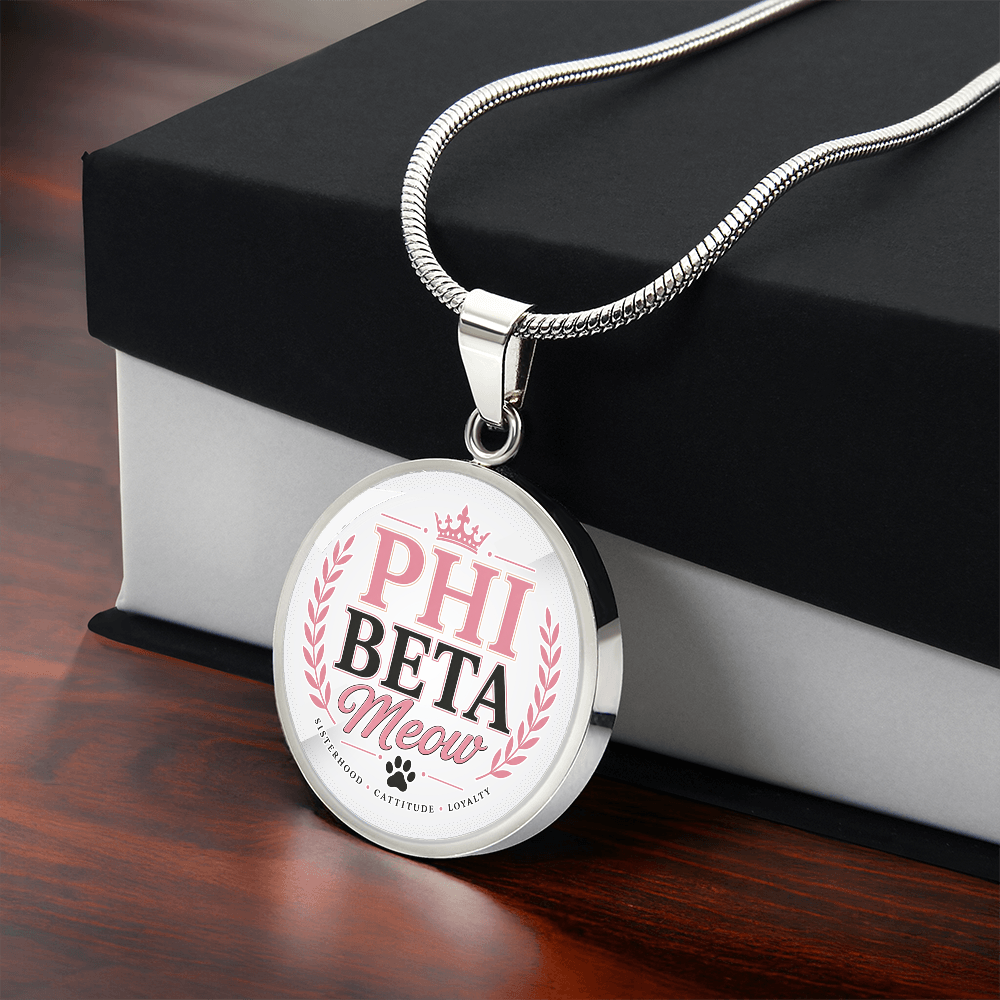 Phi Beta Meow Cat Lover Circle Pendant Necklace
