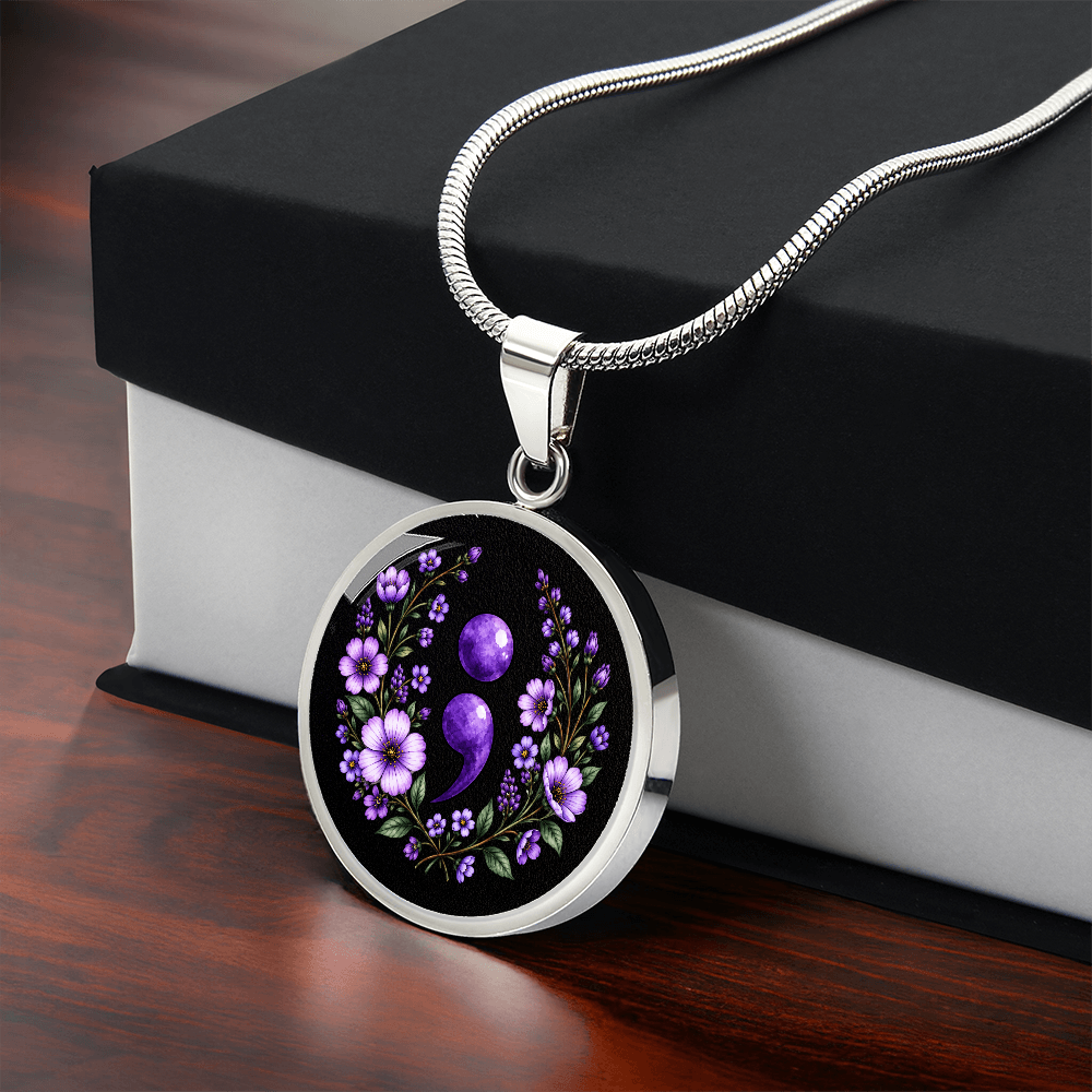 Purple Semicolon Wildflower Pendant Necklace | Suicide Awareness & Prevention Jewelry