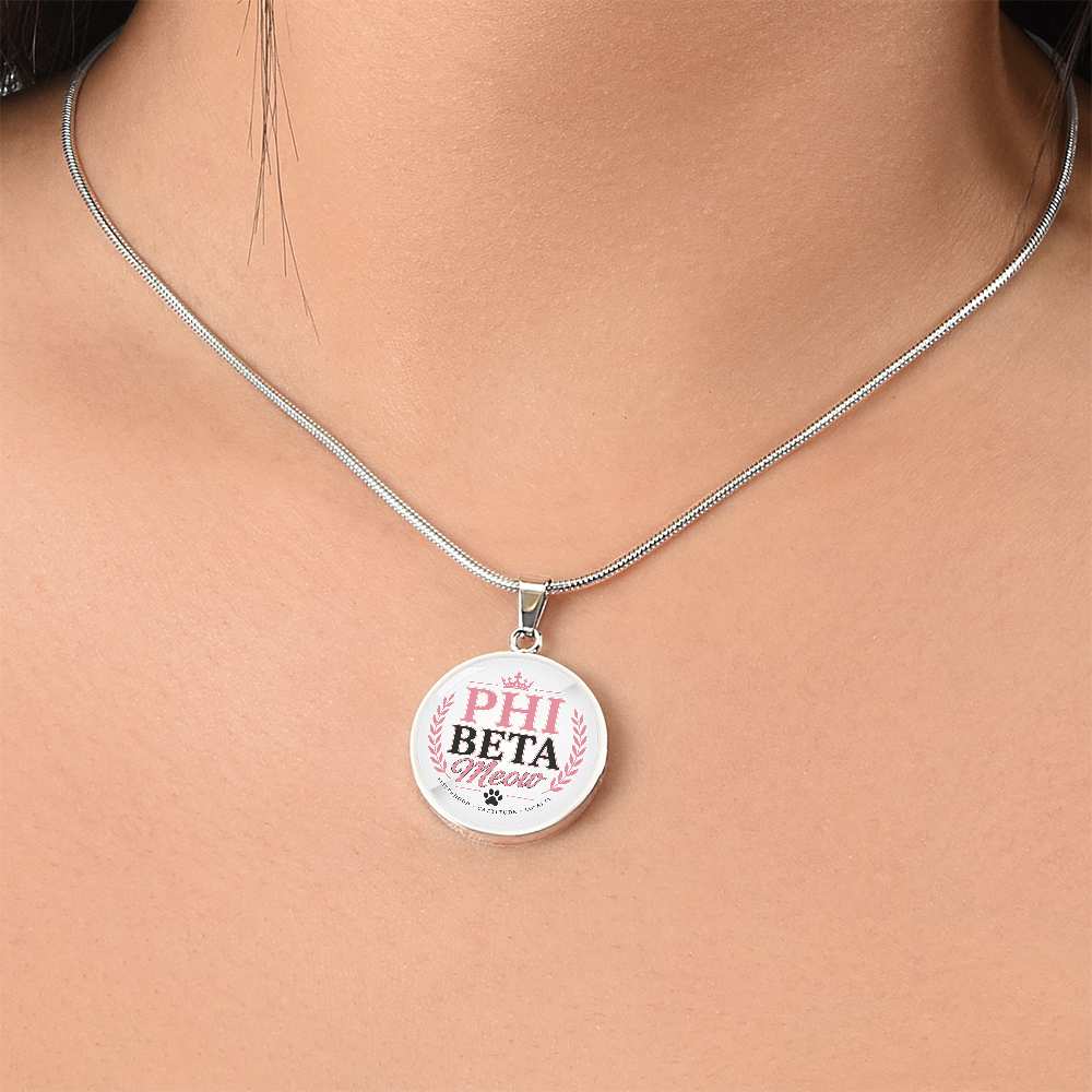 Phi Beta Meow Cat Lover Circle Pendant Necklace