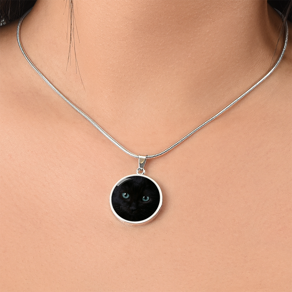 Black Cat Blue Eyes Circle Pendant Necklace