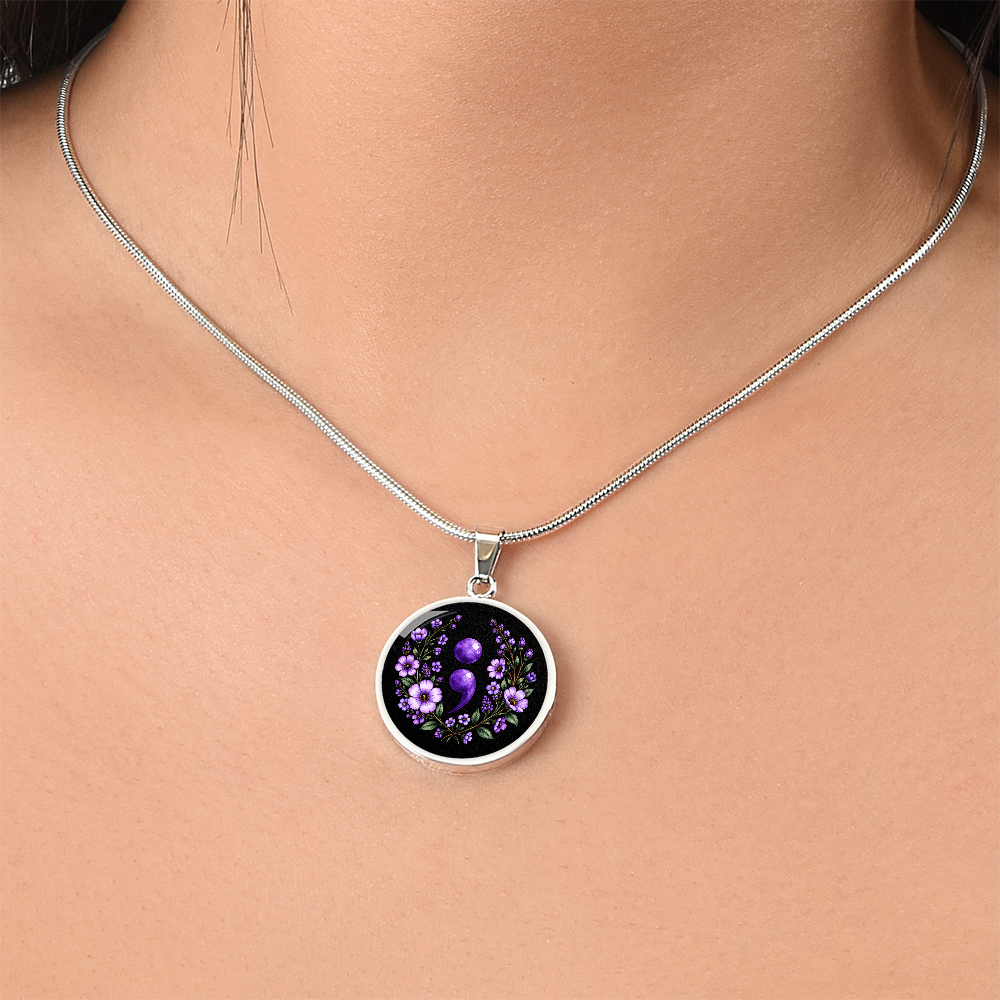 Purple Semicolon Wildflower Pendant Necklace | Suicide Awareness & Prevention Jewelry