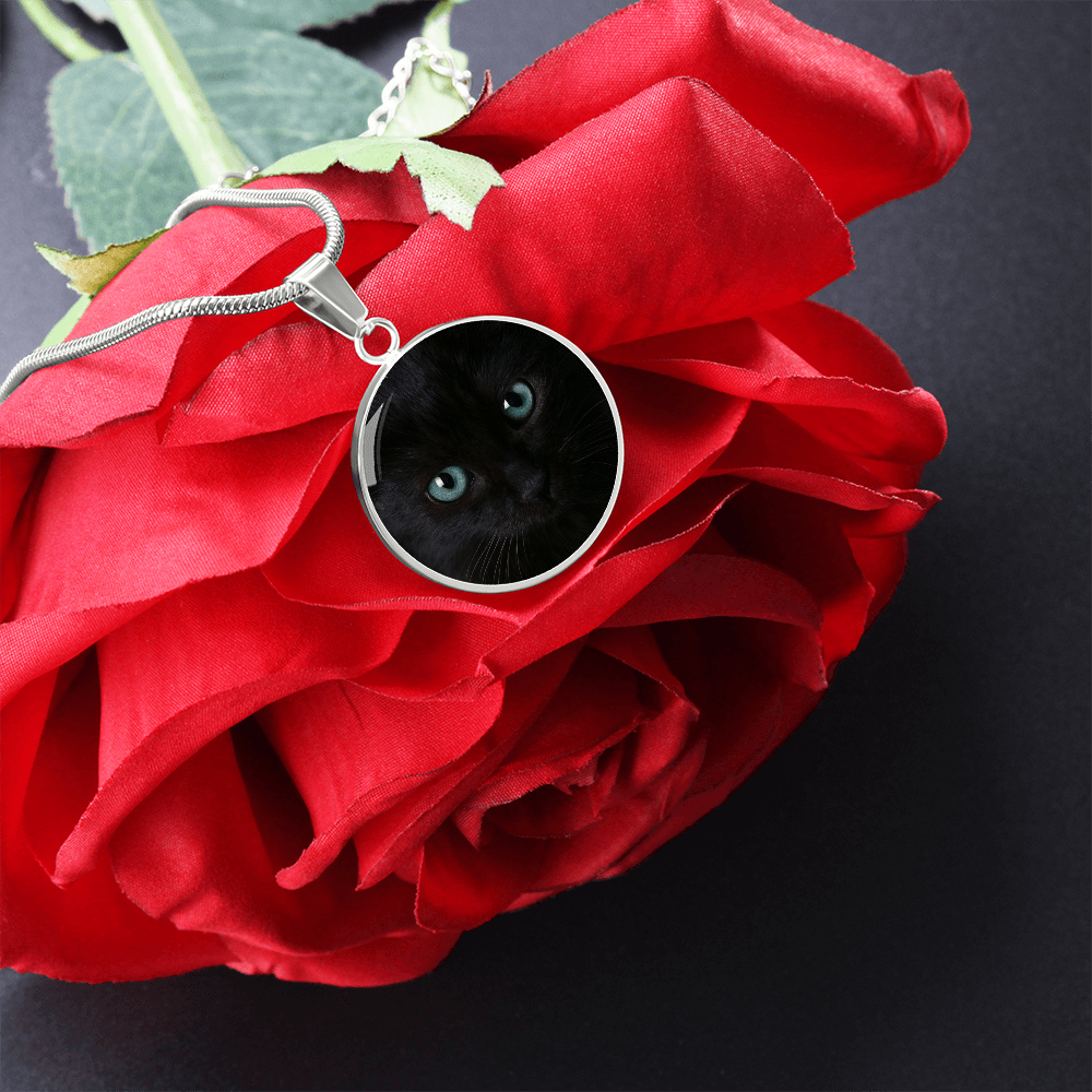 Black Cat Blue Eyes Circle Pendant Necklace