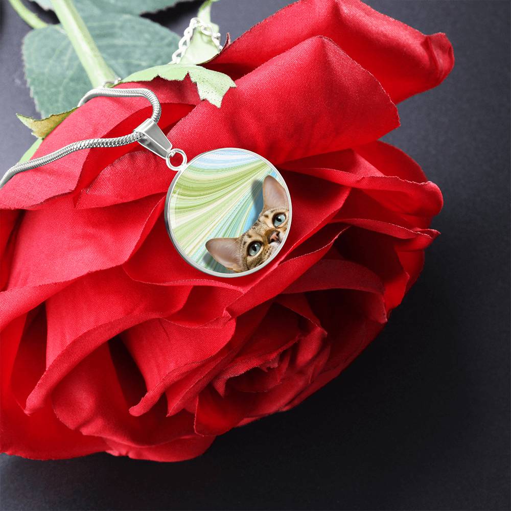 Photo depicting the ​Peeking Tabby Necklace from EpiAl's Shop.