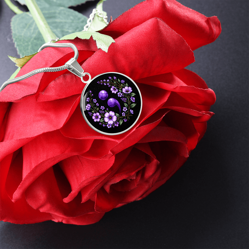 Purple Semicolon Wildflower Pendant Necklace | Suicide Awareness & Prevention Jewelry