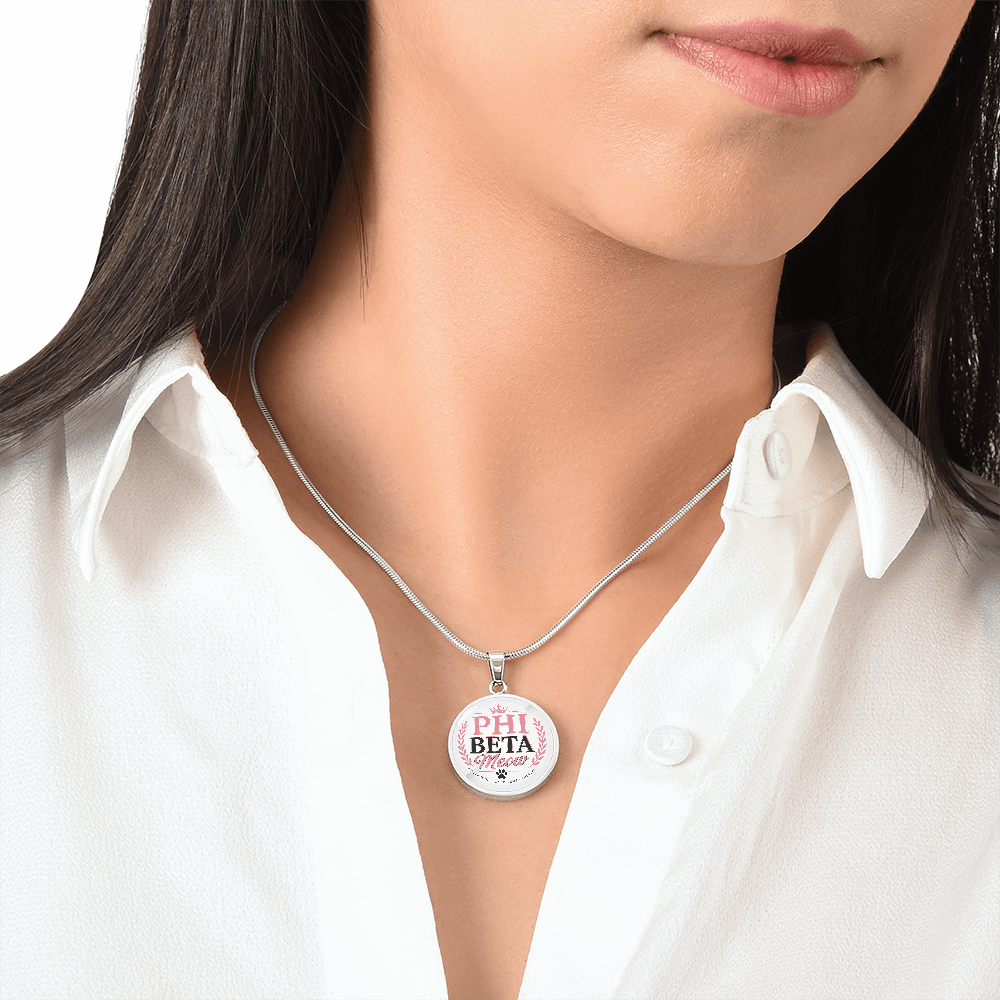 Phi Beta Meow Cat Lover Circle Pendant Necklace