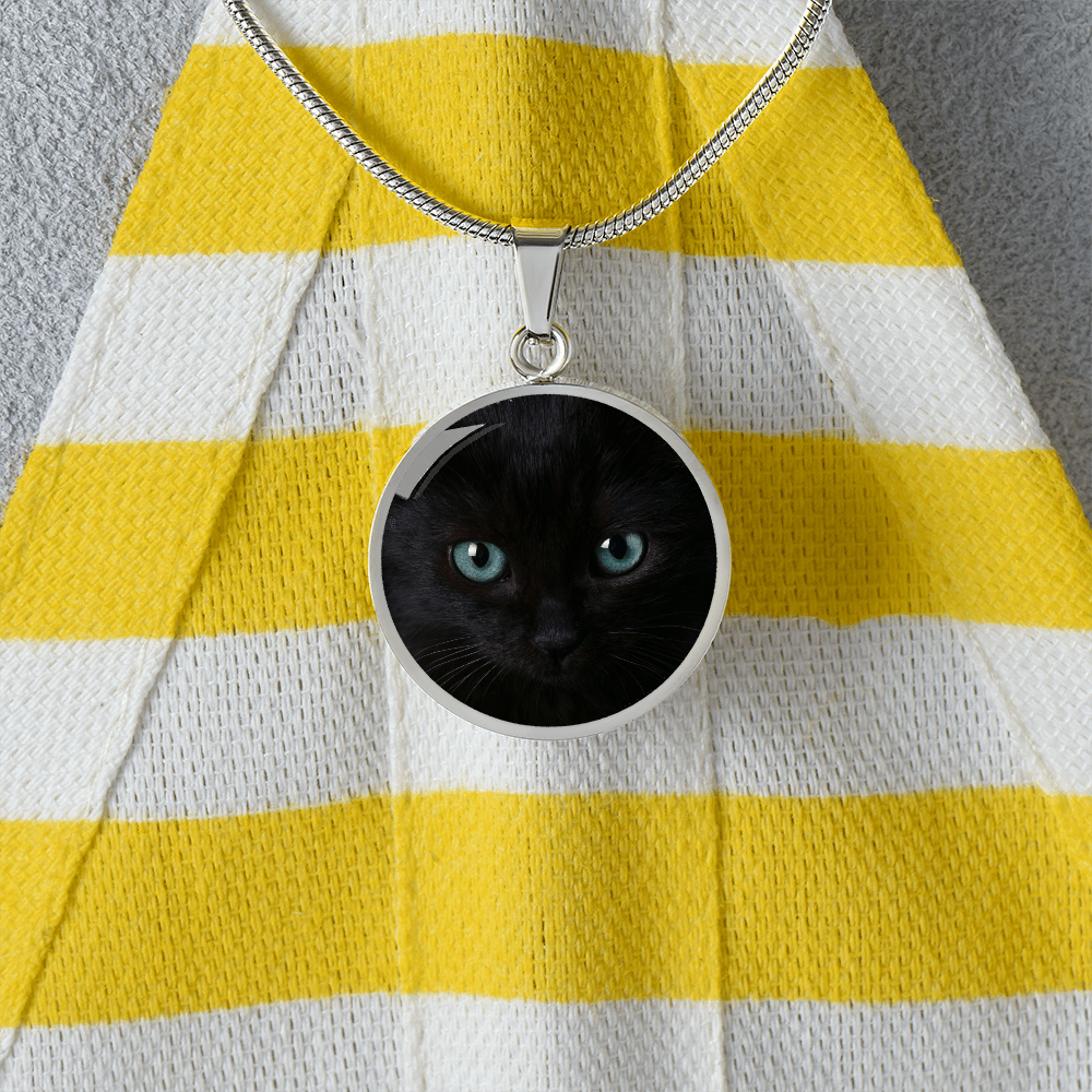 Black Cat Blue Eyes Circle Pendant Necklace