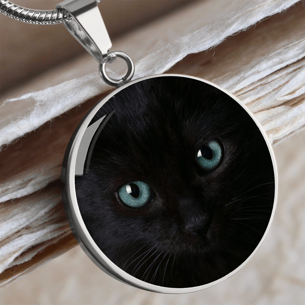Black Cat Blue Eyes Circle Pendant Necklace