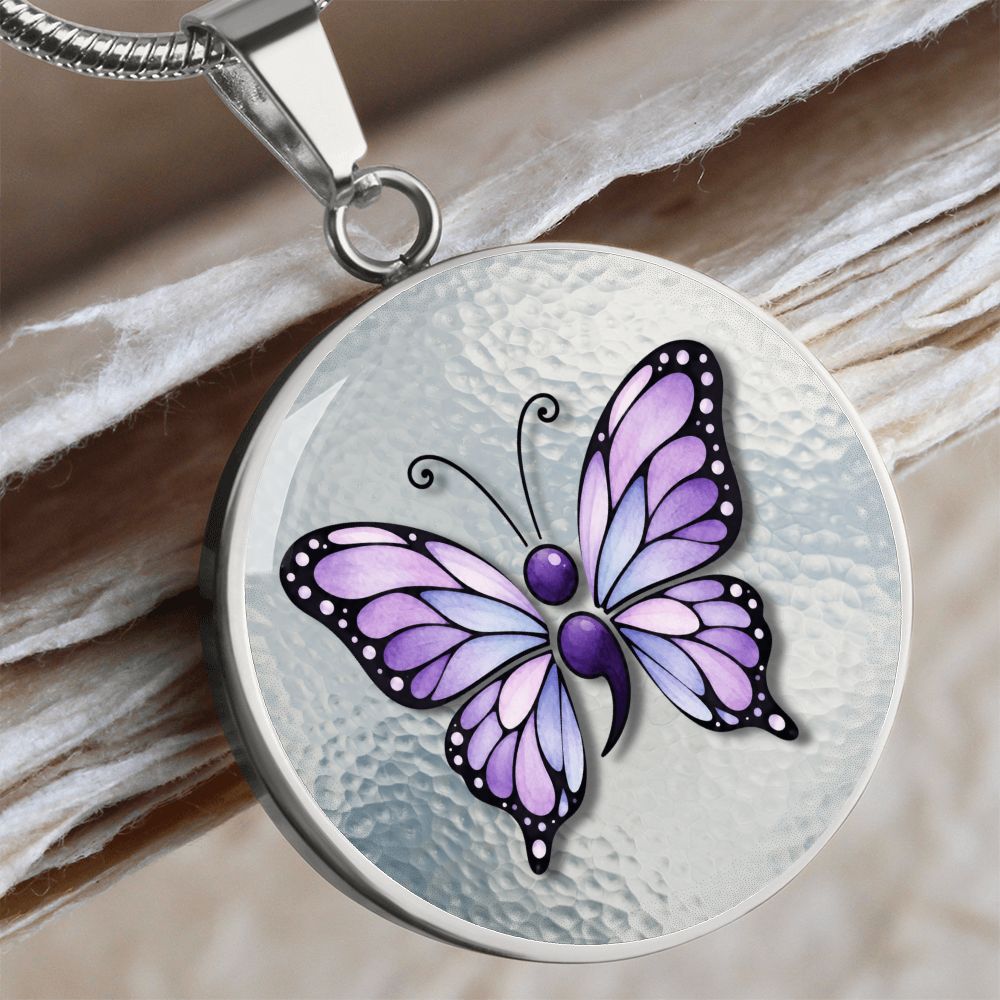Purple Semicolon Butterfly Pendant Necklace | Epilepsy & Mental Health Awareness Jewelry
