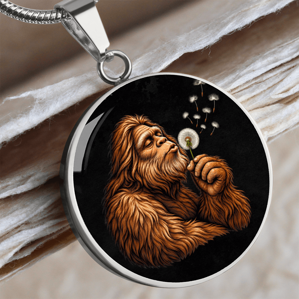 Bigfoot Dandelion Necklace – Sasquatch Blowing Wishes Pendant