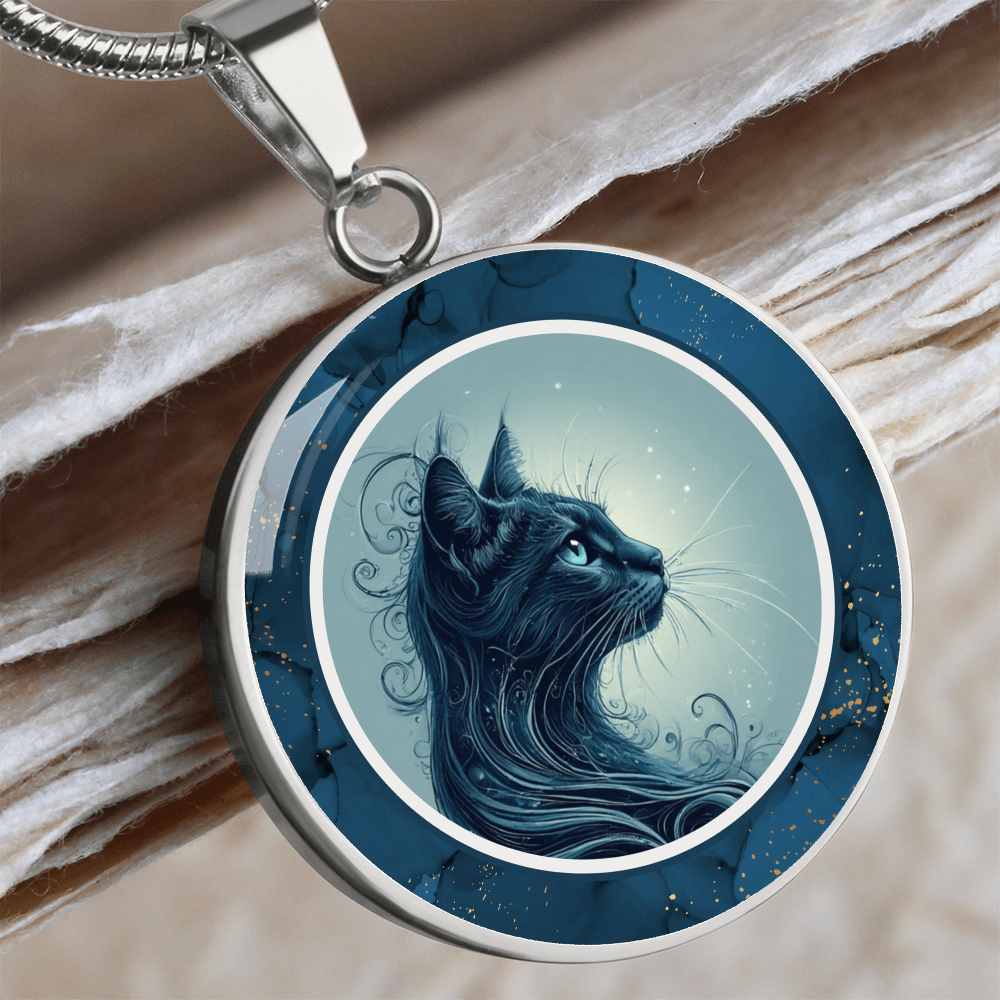 Blue Cat with Gold Accents Pendant Necklace