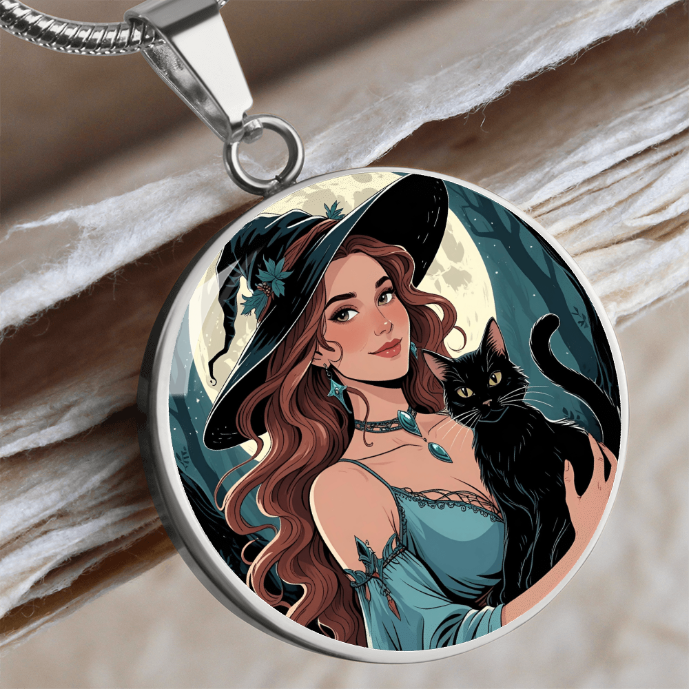 Beautiful Witchy Cat Lady Pendant Necklace
