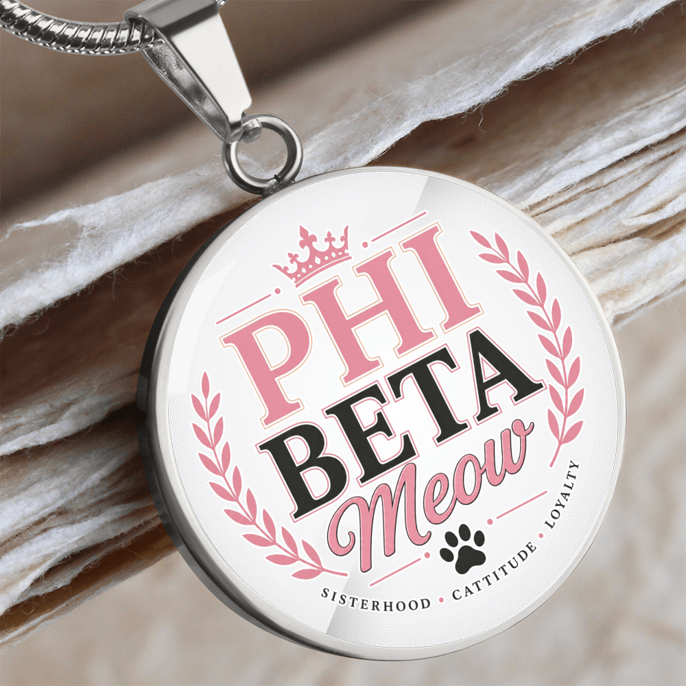 Phi Beta Meow Cat Lover Circle Pendant Necklace
