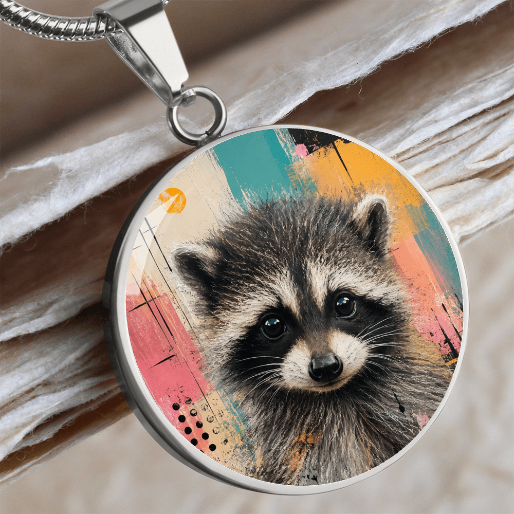 Jimothy Watercolor Raccoon Necklace: Whimsical Circle Pendant