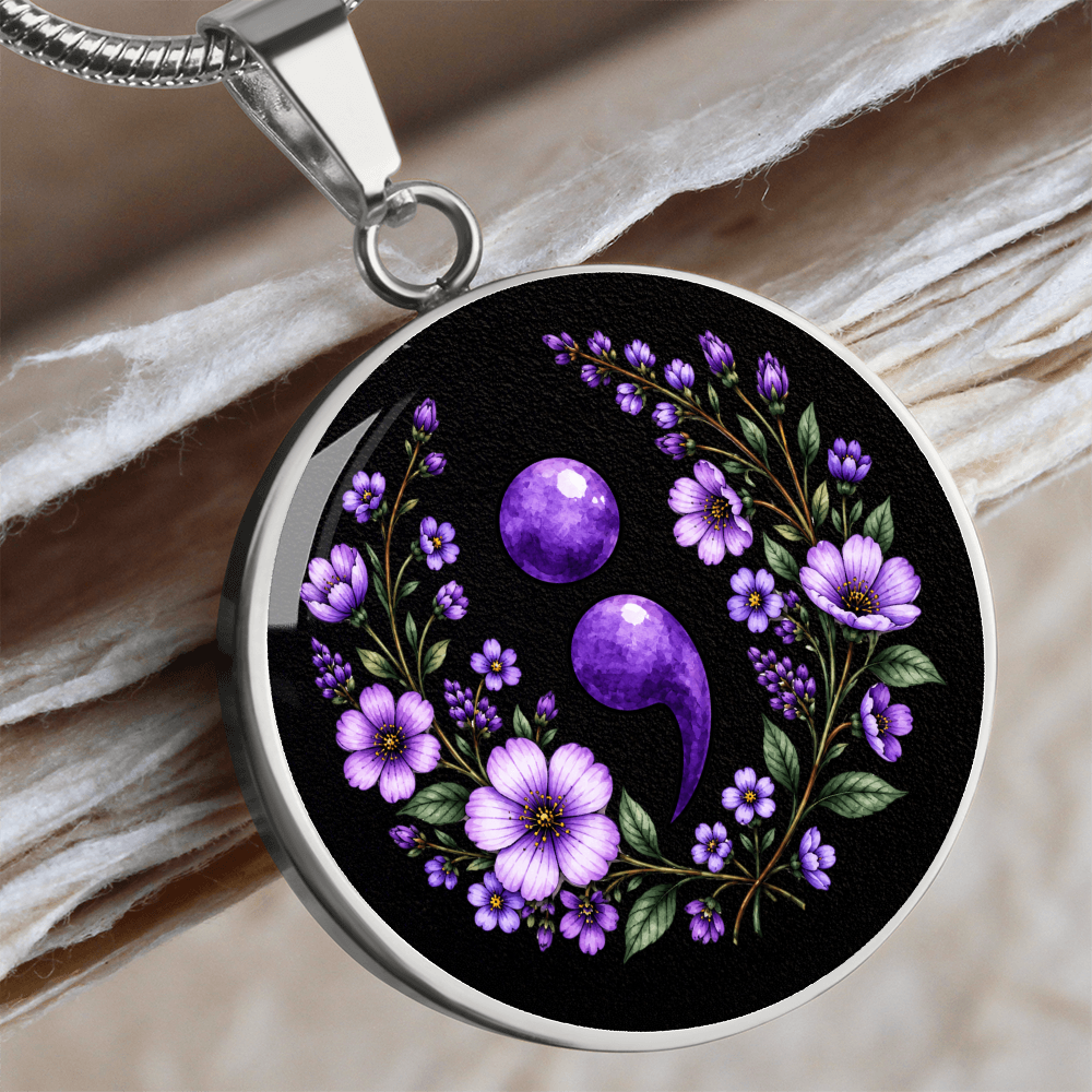 Purple Semicolon Wildflower Pendant Necklace | Suicide Awareness & Prevention Jewelry