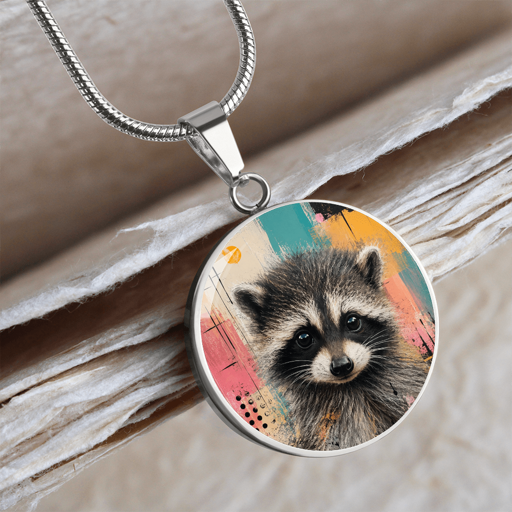 Jimothy Watercolor Raccoon Necklace: Whimsical Circle Pendant