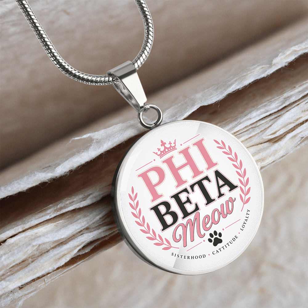 Phi Beta Meow Cat Lover Circle Pendant Necklace