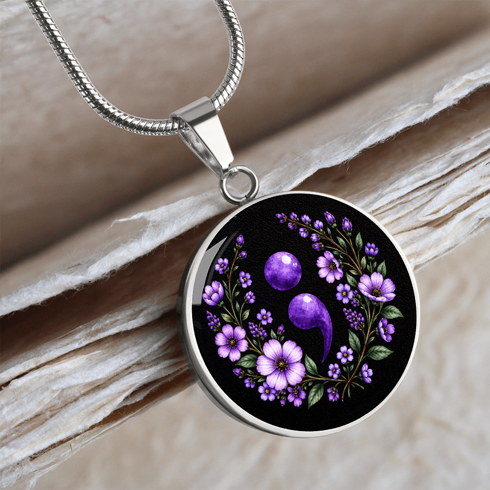 Purple Semicolon Wildflower Pendant Necklace | Suicide Awareness & Prevention Jewelry