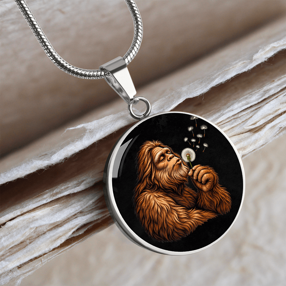 Bigfoot Dandelion Necklace – Sasquatch Blowing Wishes Pendant