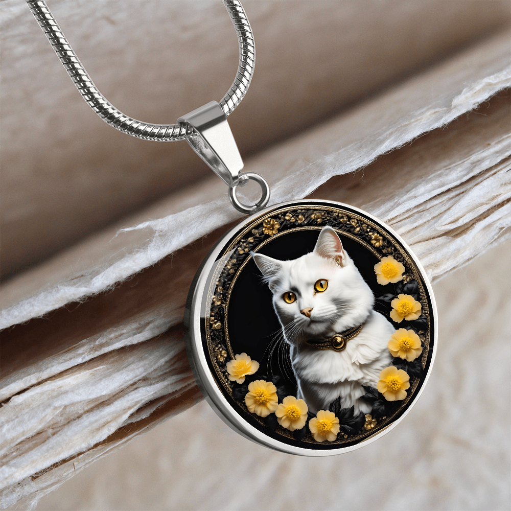 Flowery Yellow-Eyed Kitty Cameo Necklace ShineOn Fulfillment