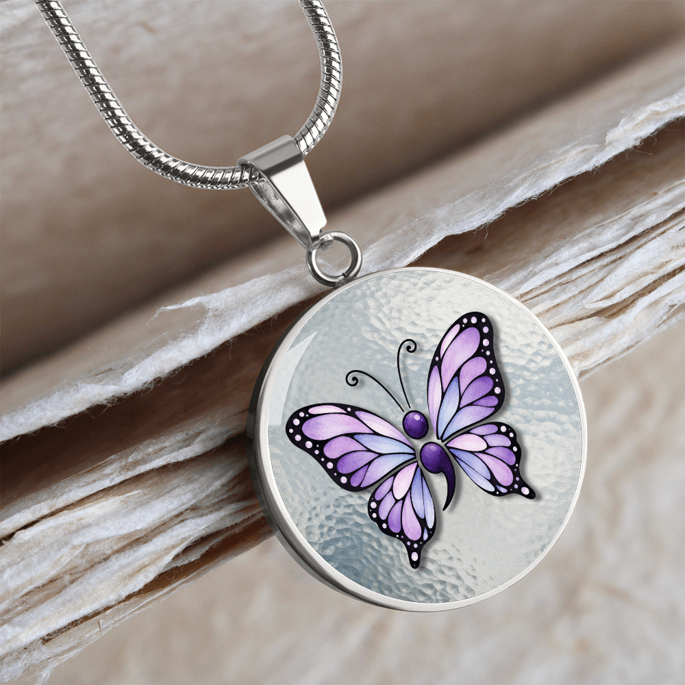 Purple Semicolon Butterfly Pendant Necklace | Epilepsy & Mental Health Awareness Jewelry