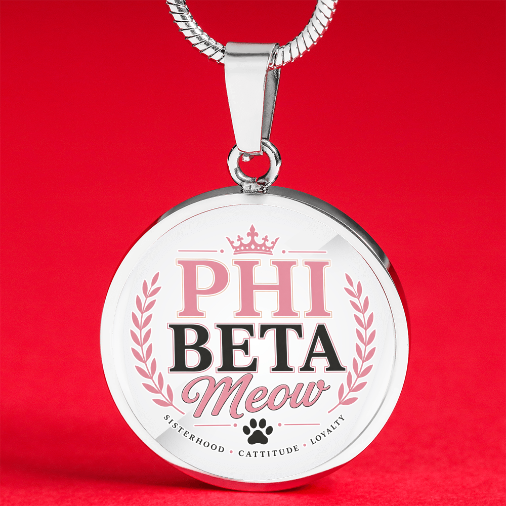 Phi Beta Meow Cat Lover Circle Pendant Necklace