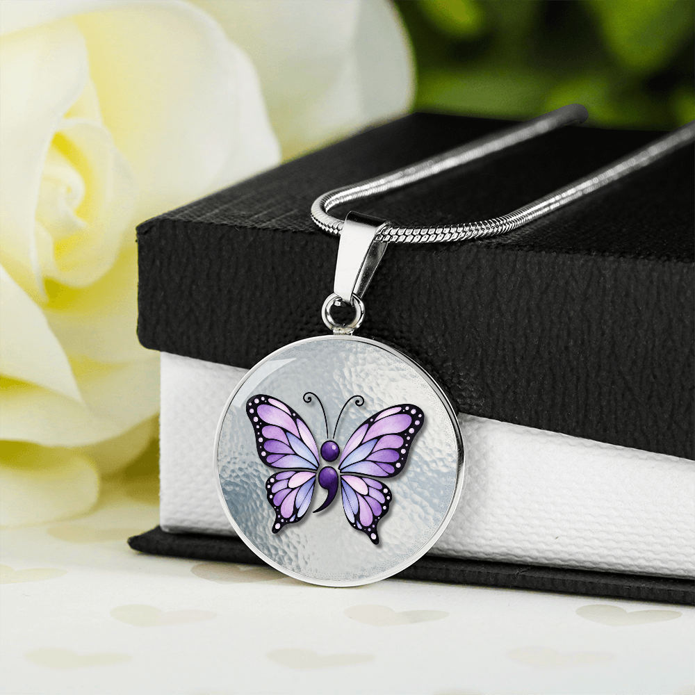 Purple Semicolon Butterfly Pendant Necklace | Epilepsy & Mental Health Awareness Jewelry