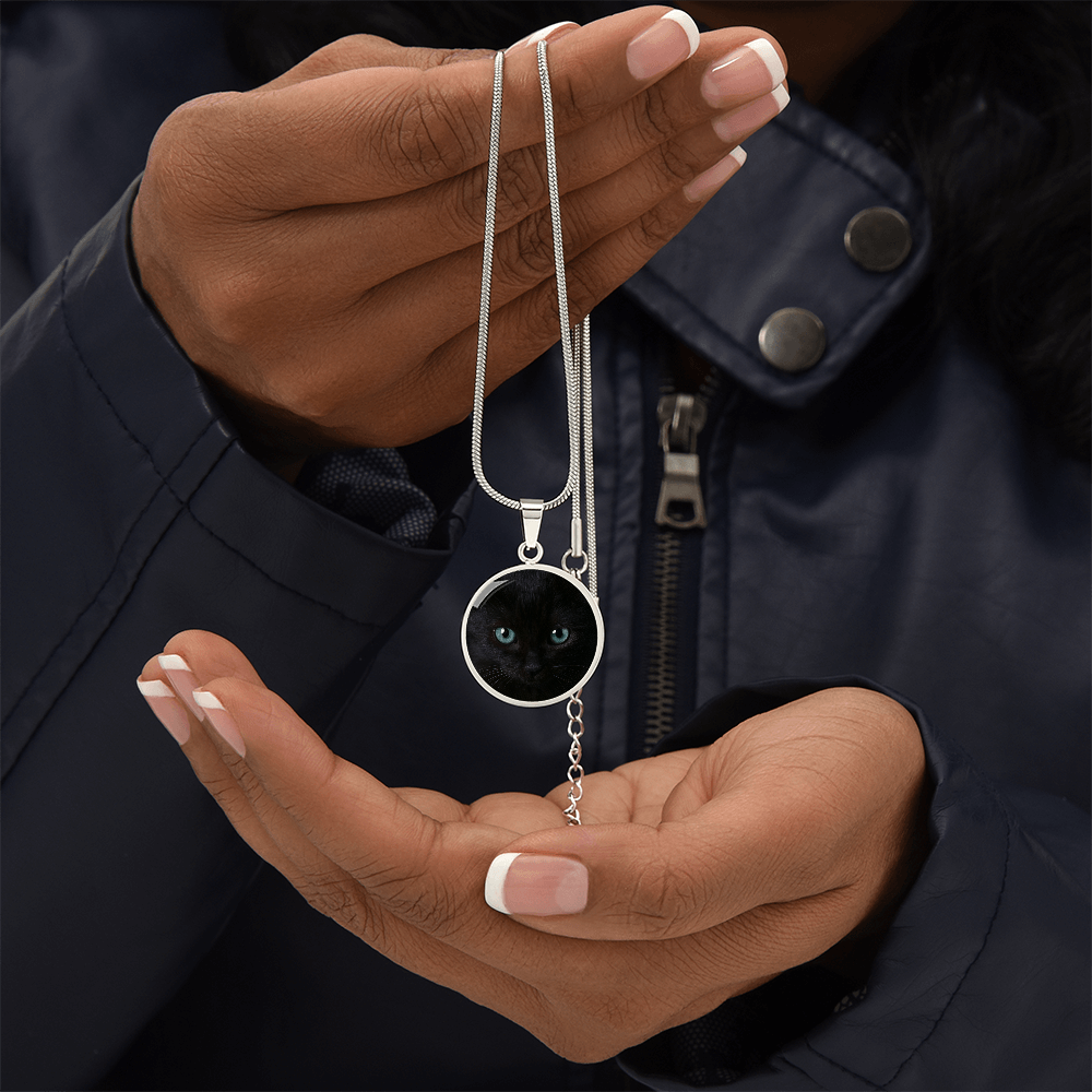 Black Cat Blue Eyes Circle Pendant Necklace