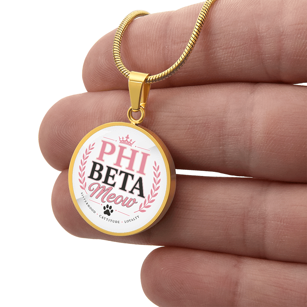 Phi Beta Meow Cat Lover Circle Pendant Necklace