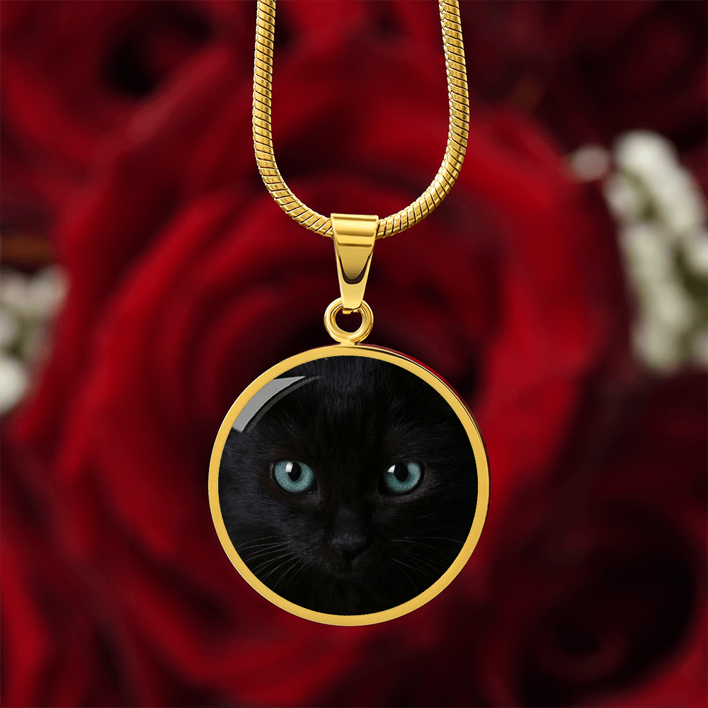 Black Cat Blue Eyes Circle Pendant Necklace
