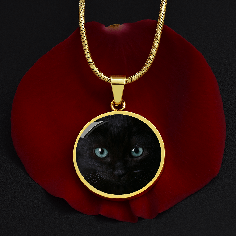 Black Cat Blue Eyes Circle Pendant Necklace