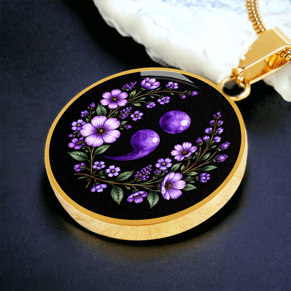 Purple Semicolon Wildflower Pendant Necklace | Suicide Awareness & Prevention Jewelry