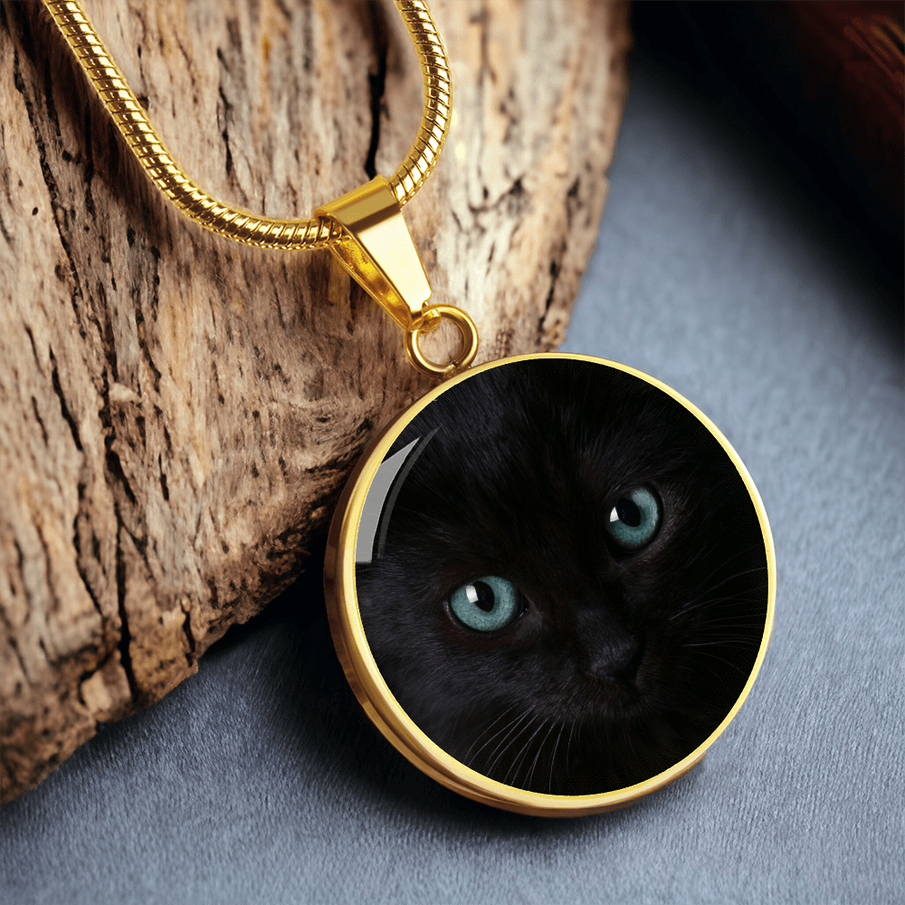 Black Cat Blue Eyes Circle Pendant Necklace