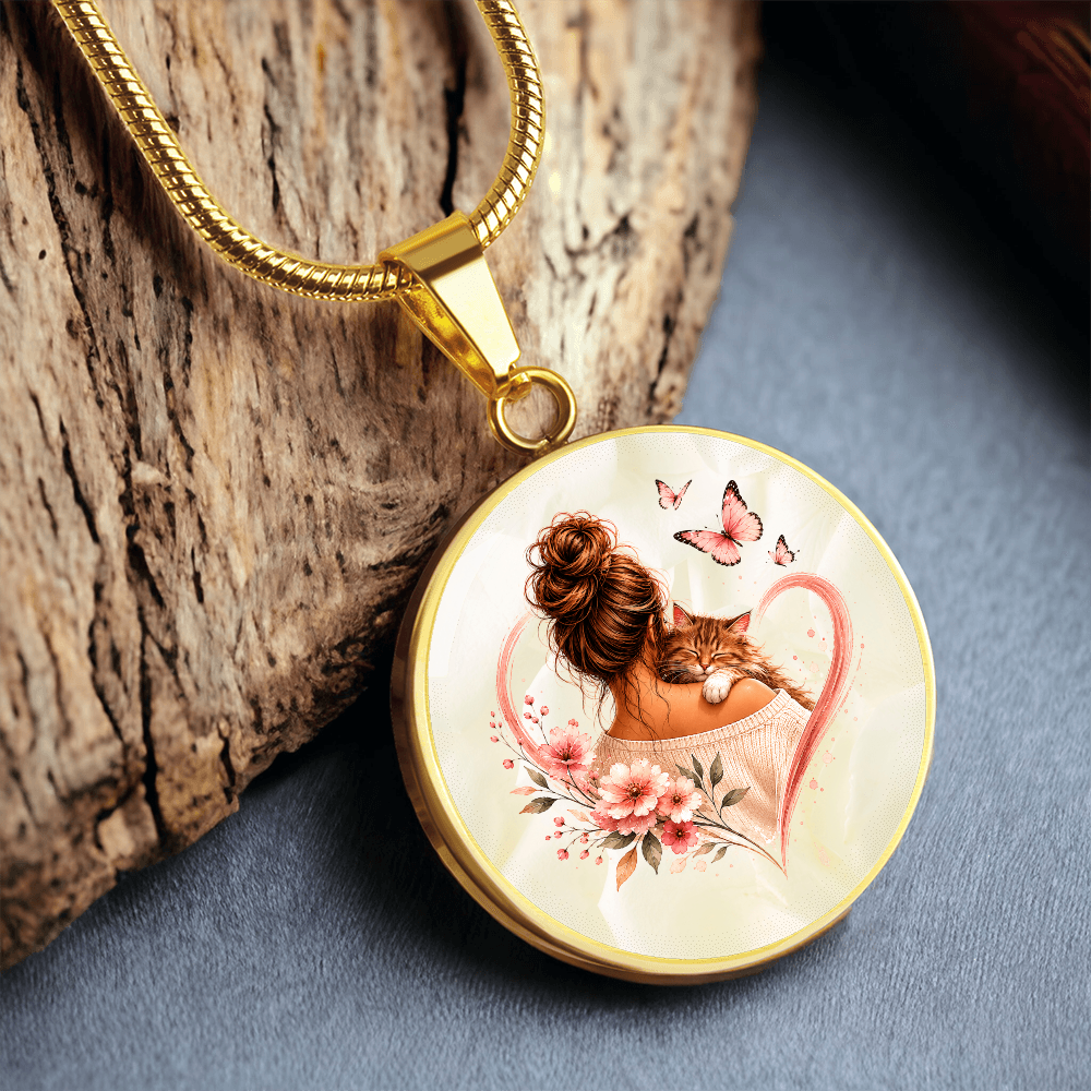 Cat Mom Heart Pendant Necklace | Cozy Floral Soft Pink Circle Pendant