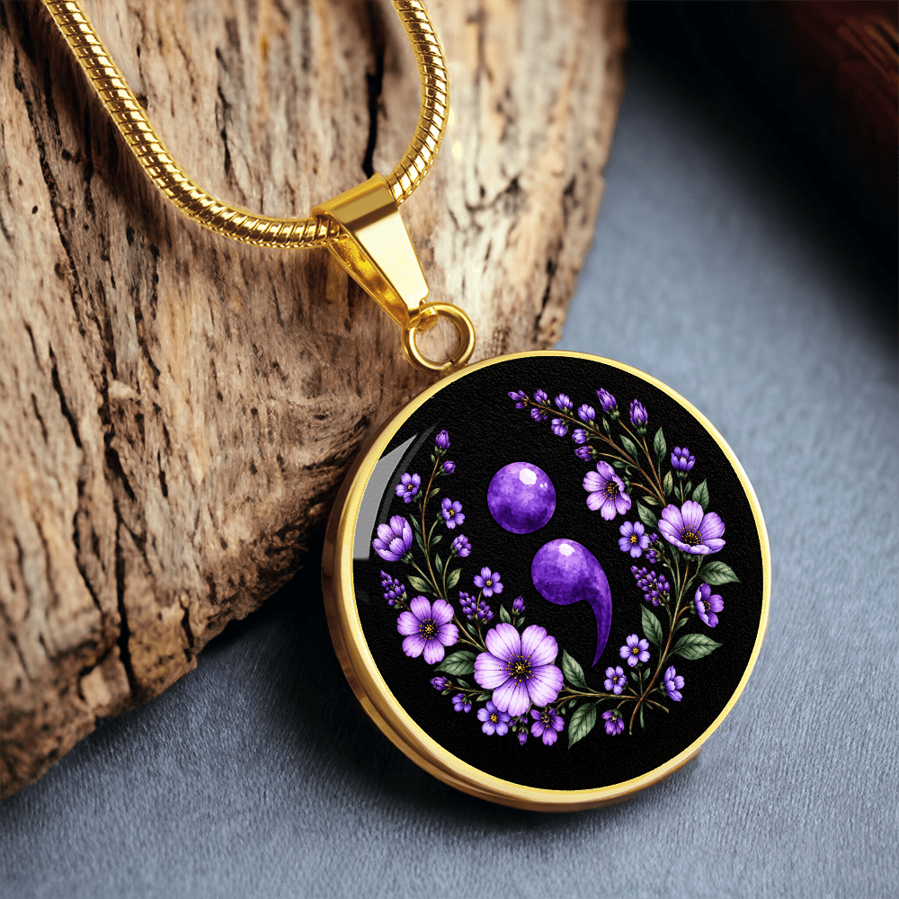 Purple Semicolon Wildflower Pendant Necklace | Suicide Awareness & Prevention Jewelry