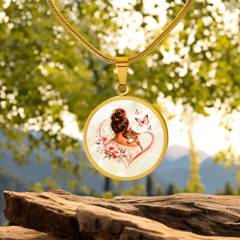 Cat Mom Heart Pendant Necklace | Cozy Floral Soft Pink Circle Pendant
