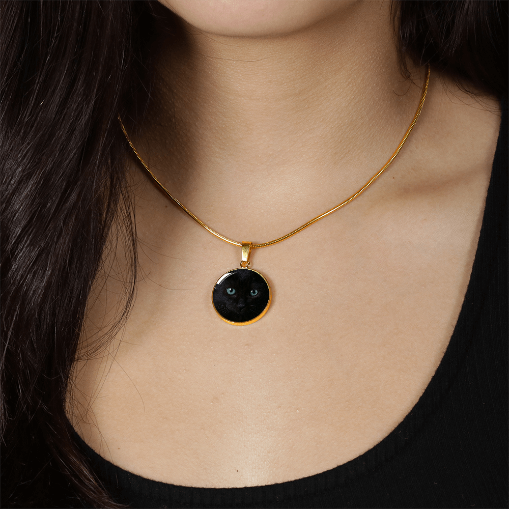 Black Cat Blue Eyes Circle Pendant Necklace