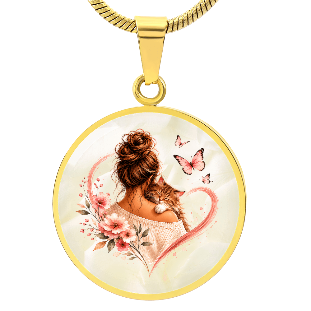 Cat Mom Heart Pendant Necklace | Cozy Floral Soft Pink Circle Pendant