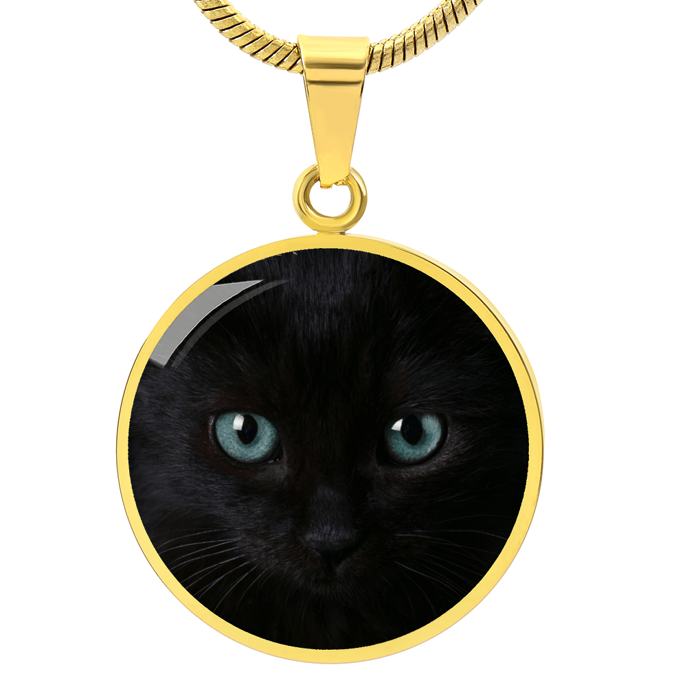 Black Cat Blue Eyes Circle Pendant Necklace