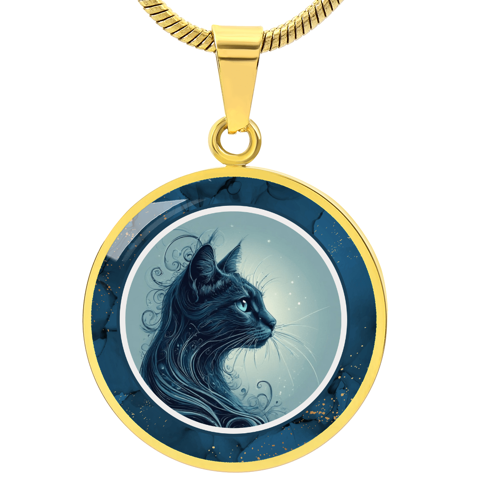 Blue Cat with Gold Accents Pendant Necklace